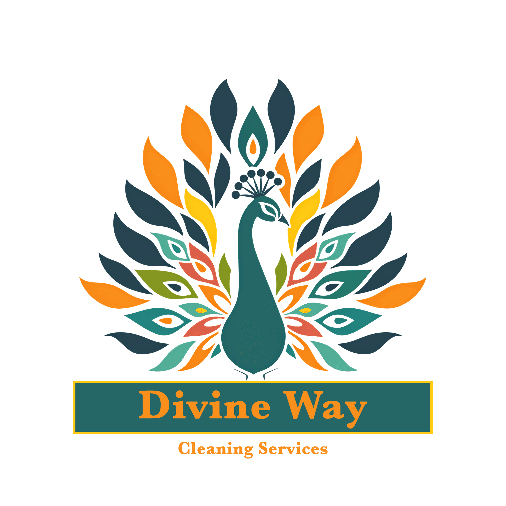 Logo of Divine Way Cleaning Services featuring a stylized peacock with colorful feathers.